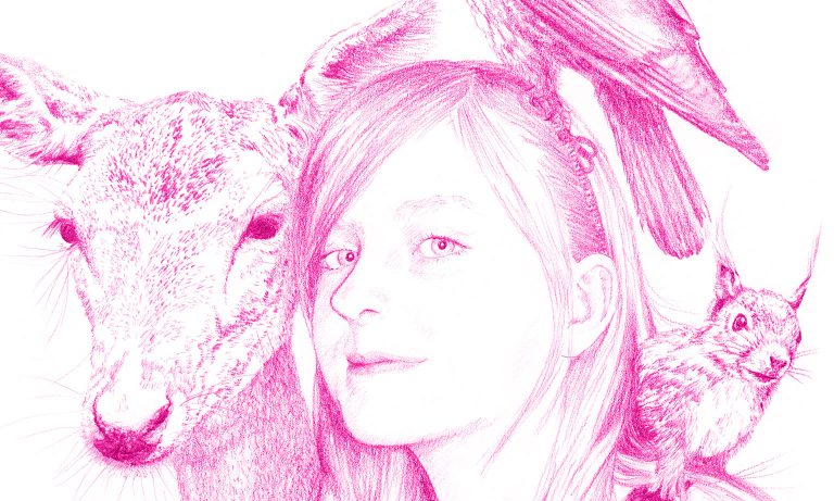 Teckning porträtt flicka djur detalj, av Lena Svalfors Hedin