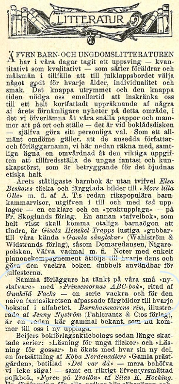 Idun omnämner Gunhild Facks ABC-bok 1903