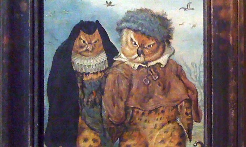 "How well we go together" old painting with owls