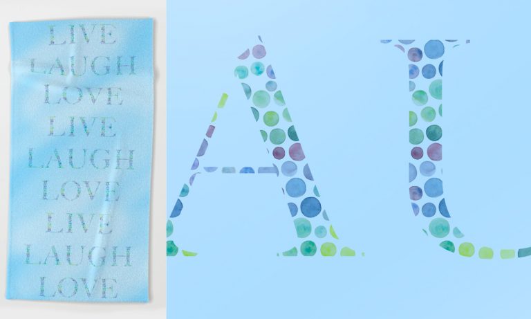 Blue beach towel with dotted text print