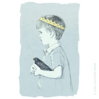 A little prince with a black bird graphite pen illustration
