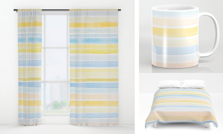 Hand painted stripes in blue and yellow on window curtains, duvet cover, mugs and much more
